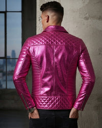 Gracious Fuchsia Metallic Men Motorcycle Biker Leather Jacket