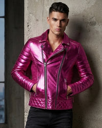 Gracious Fuchsia Metallic Men Motorcycle Biker Leather Jacket