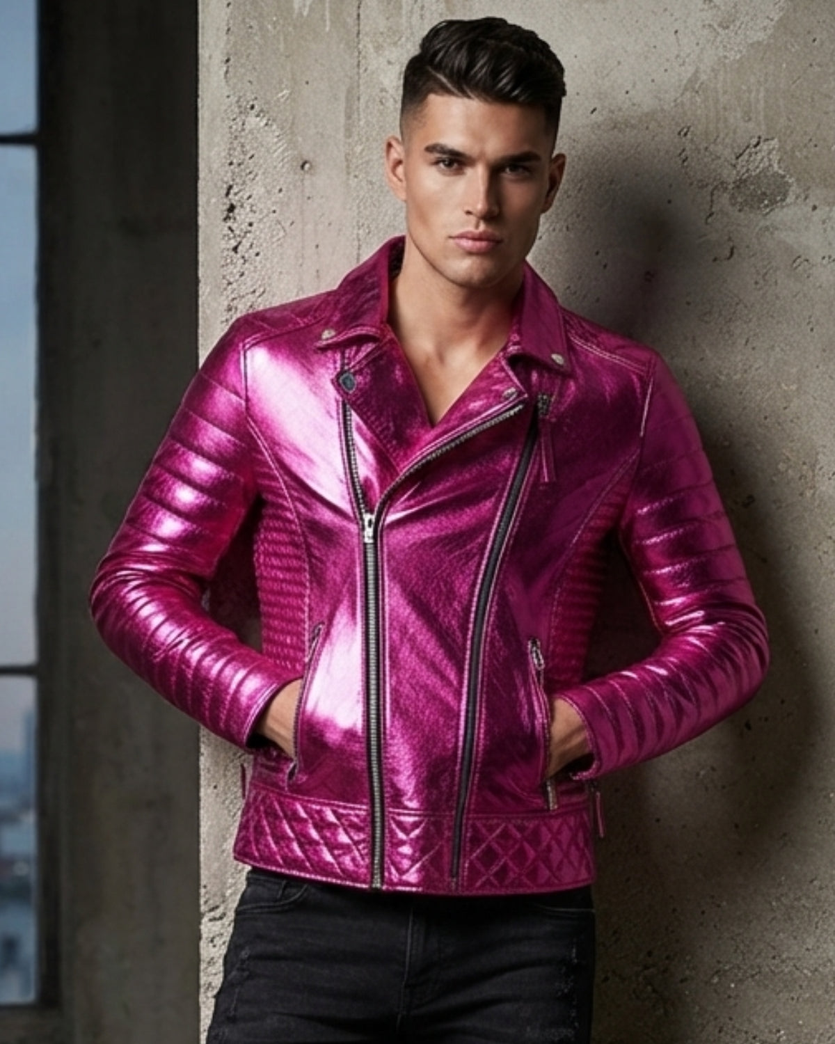 Gracious Fuchsia Metallic Men Motorcycle Biker Leather Jacket
