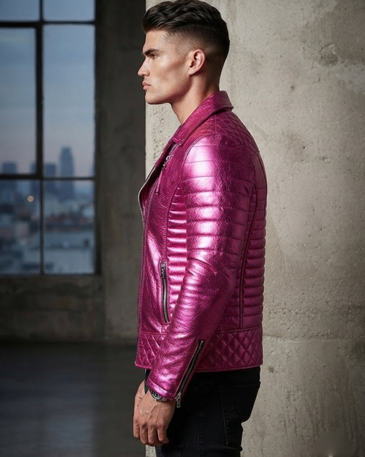 Gracious Fuchsia Metallic Men Motorcycle Biker Leather Jacket