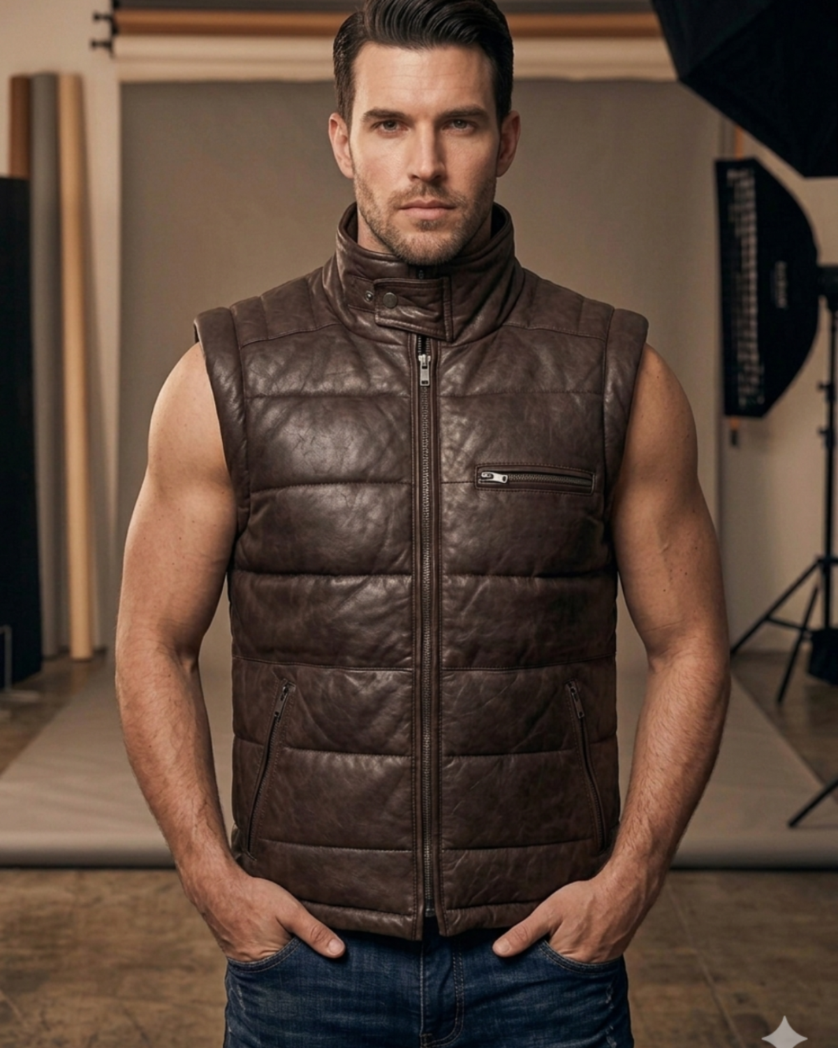 Men's Leather Puffer Vest Jacket Hot Seller