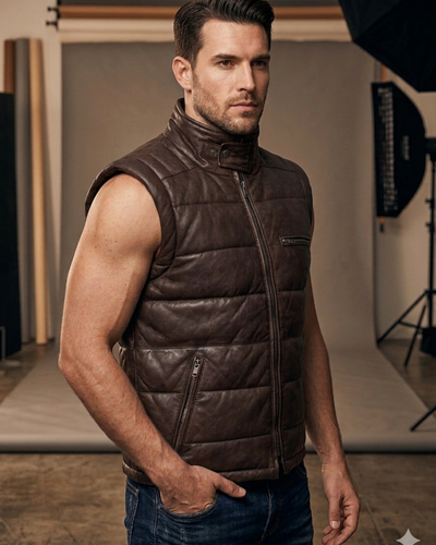Men's Leather Puffer Vest Jacket Hot Seller