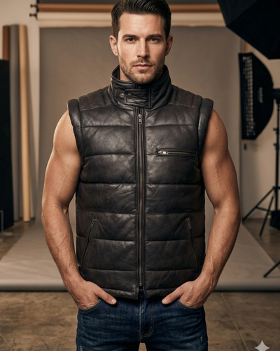 Men's Leather Puffer Vest Jacket Hot Seller