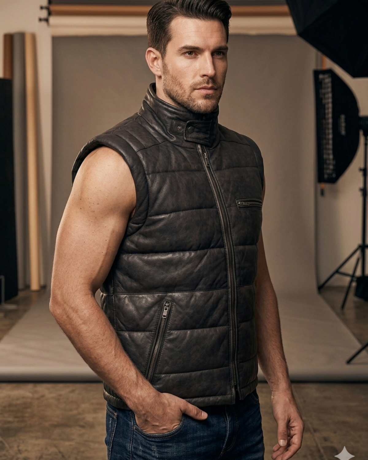 Men's Leather Puffer Vest Jacket Hot Seller