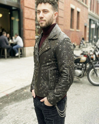 Mens Multi Studded Chain Leather Biker Jacket