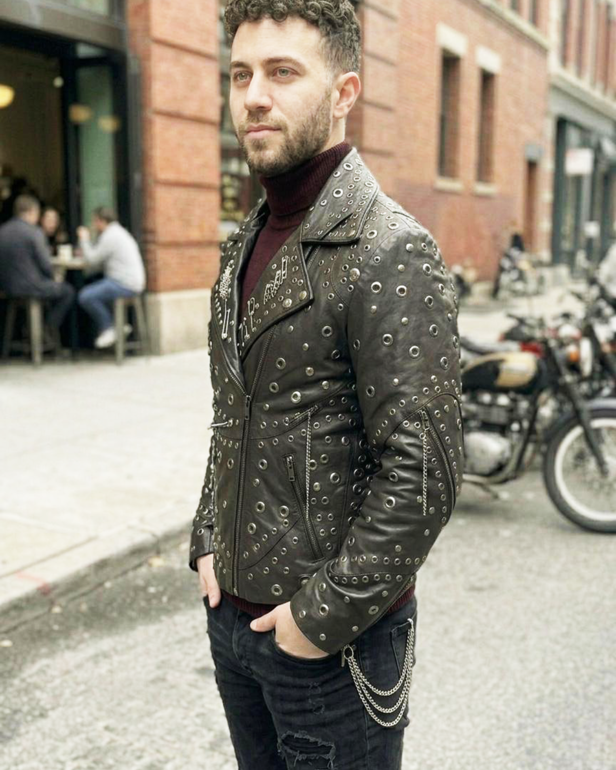 Mens Multi Studded Chain Leather Biker Jacket