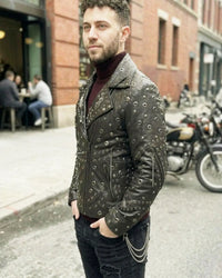 Mens Multi Studded Chain Leather Biker Jacket