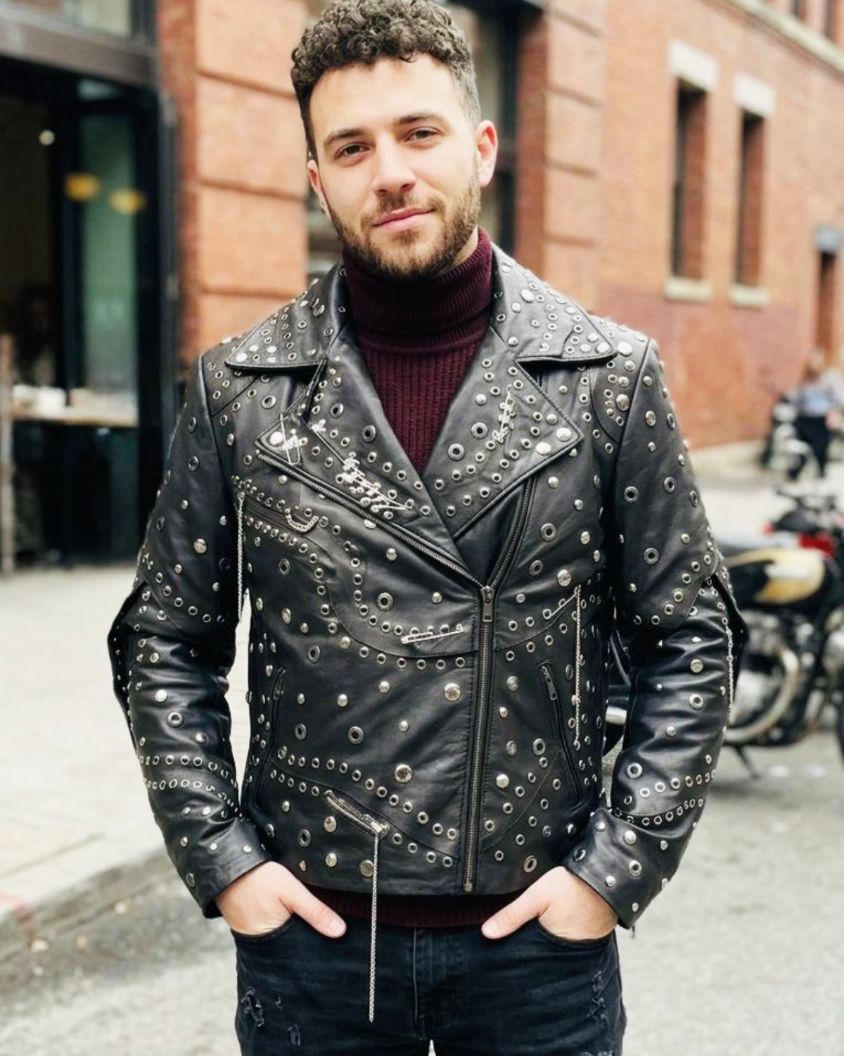 Mens Multi Studded Chain Leather Biker Jacket