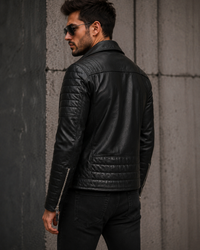 Men's Black Genuine  Classic Moto Style with Quilted Sleeves