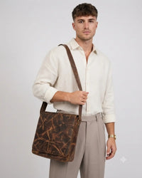 Buff crunch leather messenger crossbody bag with front zipper pocket