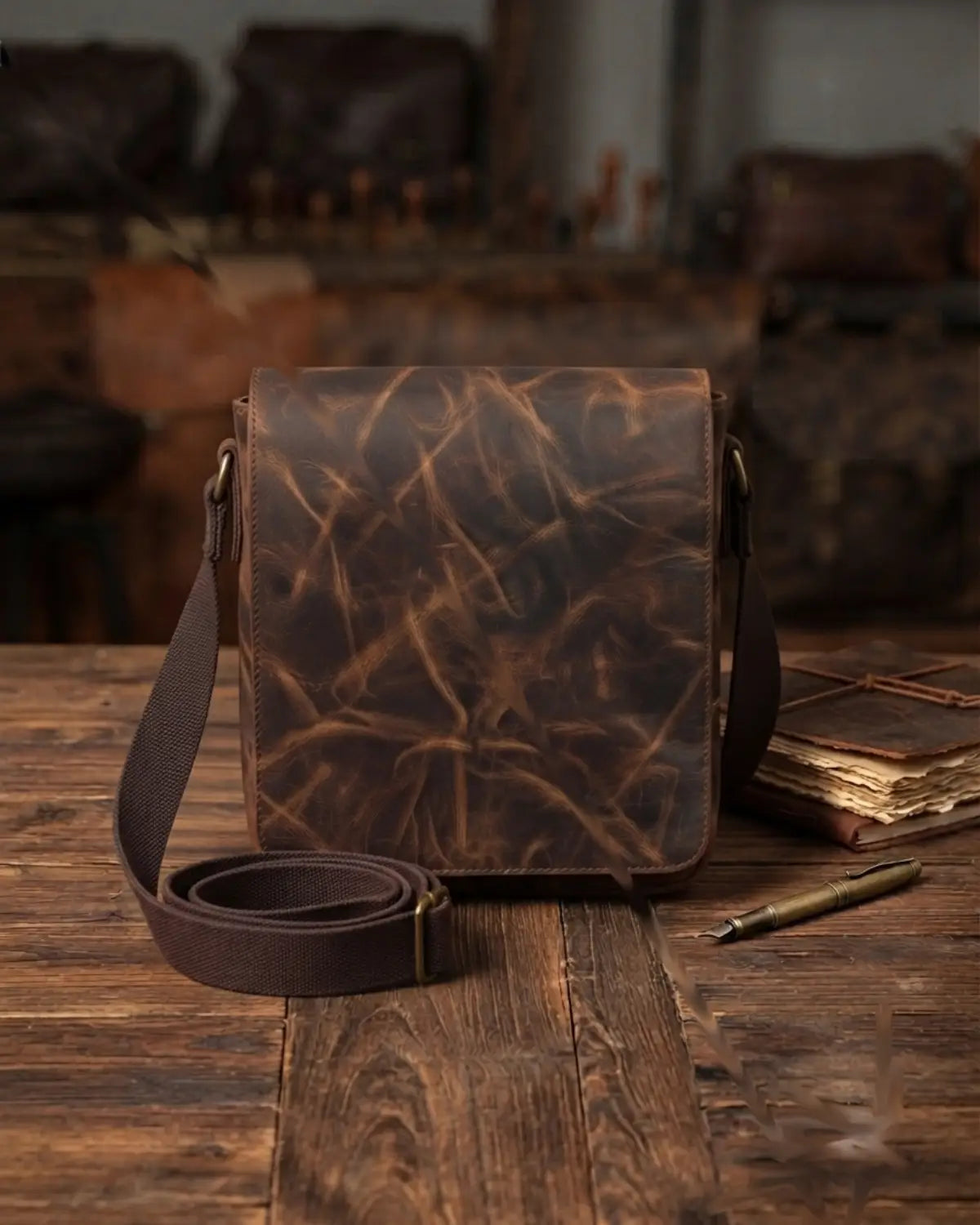 Buff crunch leather messenger crossbody bag with front zipper pocket
