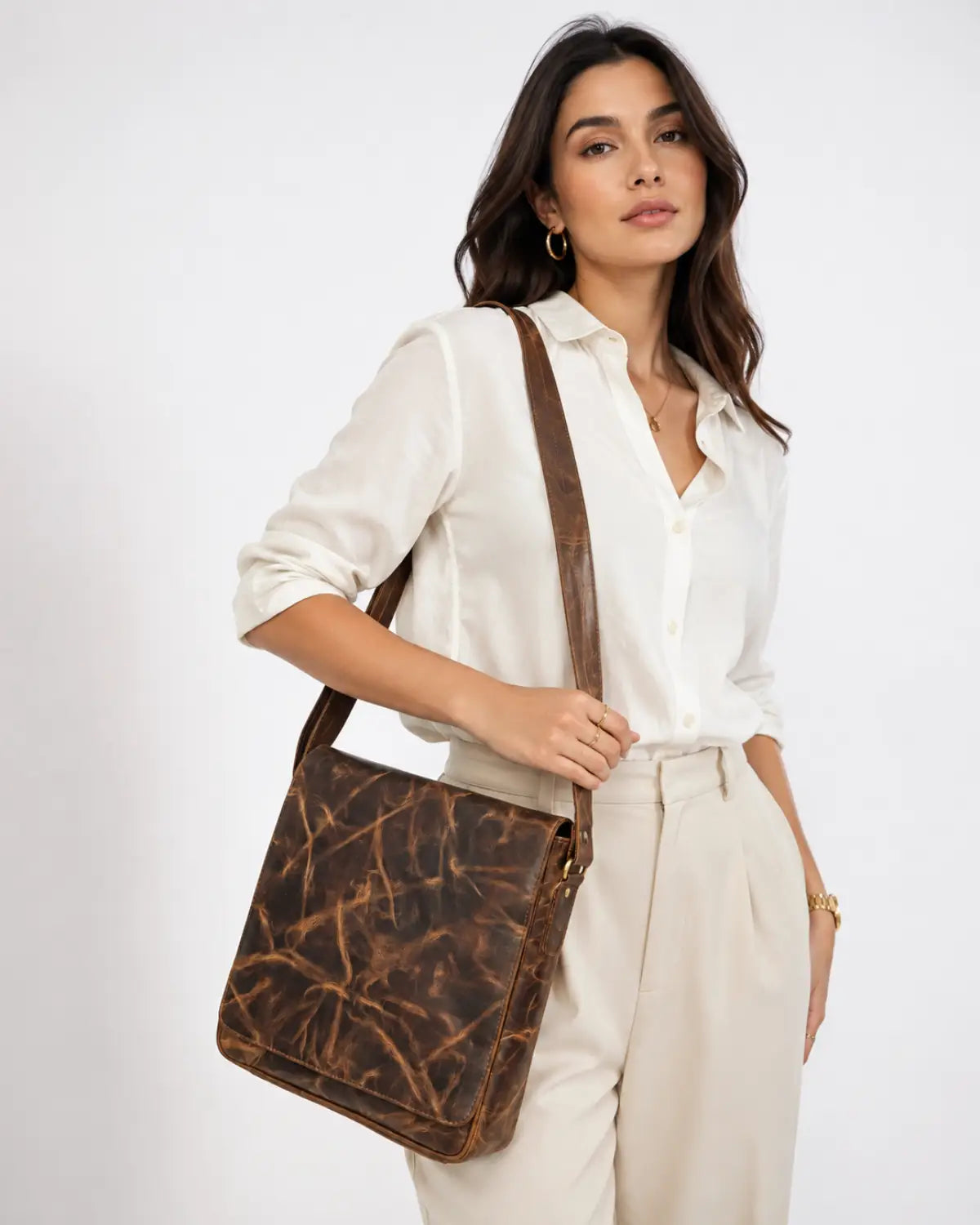 Buff crunch leather messenger crossbody bag with front zipper pocket