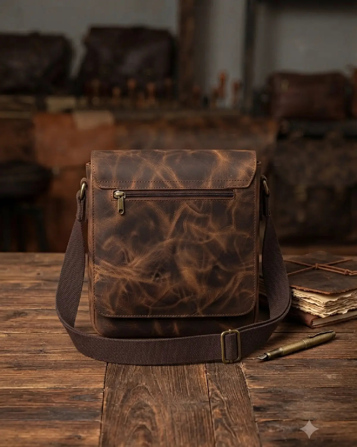 Buff Crunch Leather Messenger Crossbody Bag – Unisex Vintage Shoulder Bag