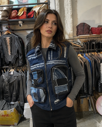 Handmade Multi-Pocket Patchwork Denim Vest – Unisex Reworked Denim Jacket