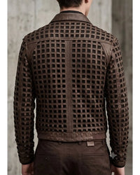 Men's weave look laser cut leather jacket with intricate woven leather grid detailing and front zip closure
