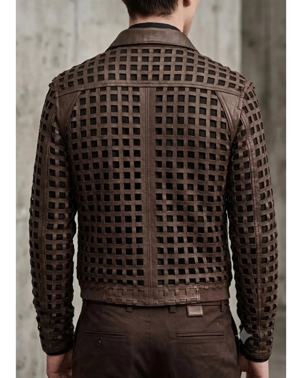 Men's weave look laser cut leather jacket with intricate woven leather grid detailing and front zip closure