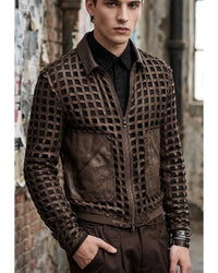 Men's weave look laser cut leather jacket with intricate woven leather grid detailing and front zip closure