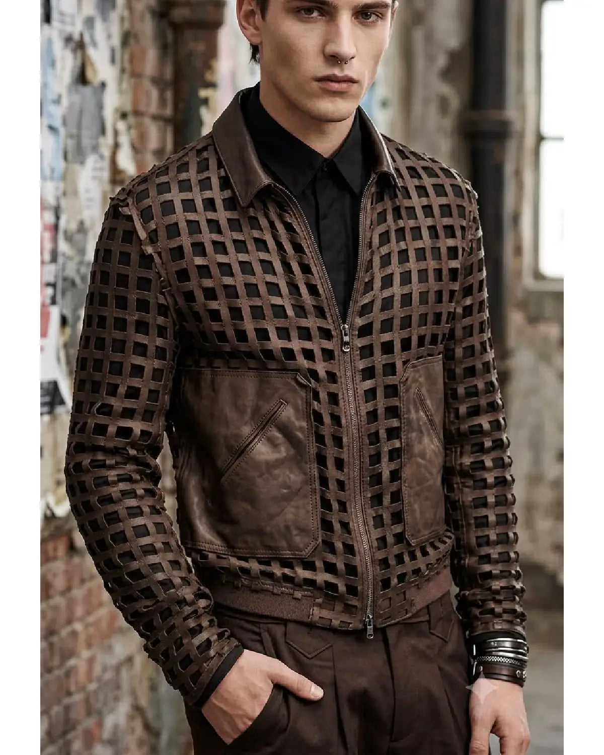 Men's weave look laser cut leather jacket with intricate woven leather grid detailing and front zip closure