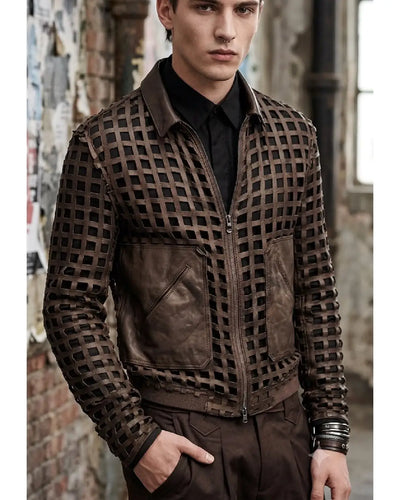 Men's weave look laser cut leather jacket with intricate woven leather grid detailing and front zip closure