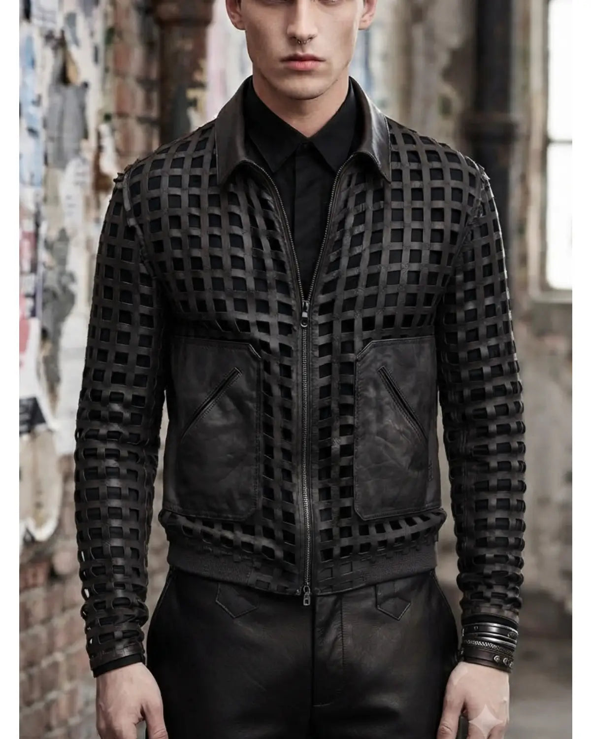 Men's weave look laser cut leather jacket with intricate woven leather grid detailing and front zip closure