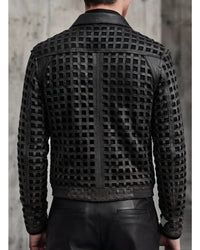 Men's weave look laser cut leather jacket with intricate woven leather grid detailing and front zip closure