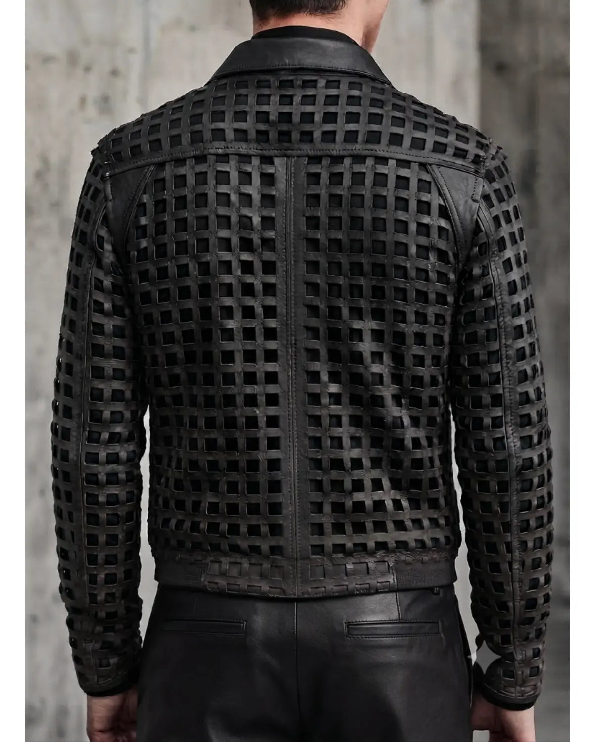 Men's weave look laser cut leather jacket with intricate woven leather grid detailing and front zip closure