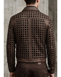 Men's weave look laser cut leather jacket with intricate woven leather grid detailing and front zip closure