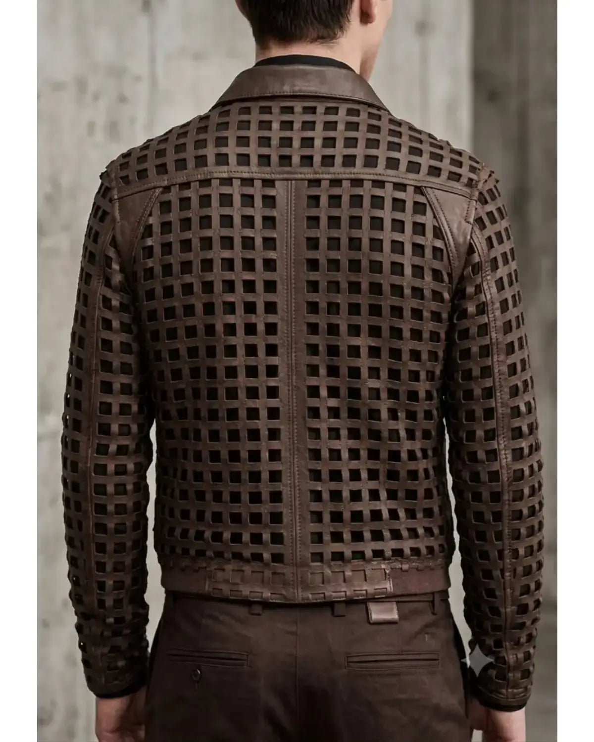 Men's weave look laser cut leather jacket with intricate woven leather grid detailing and front zip closure