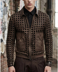 Men's weave look laser cut leather jacket with intricate woven leather grid detailing and front zip closure