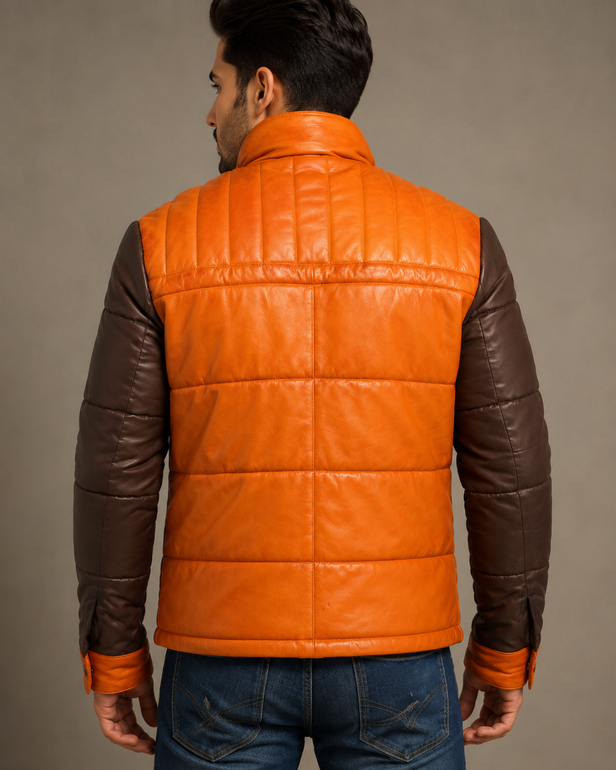 Alaska F-  Best Seller Men Leather Puffer Jacket with fabric Sleeve