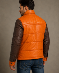 Alaska F-  Best Seller Men Leather Puffer Jacket with fabric Sleeve