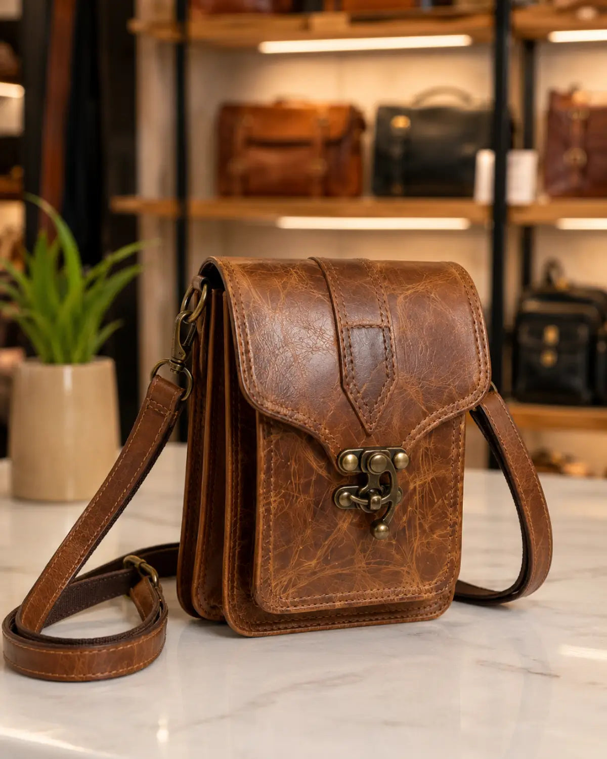 Crunch leather small crossbody bag in brown leather – front view