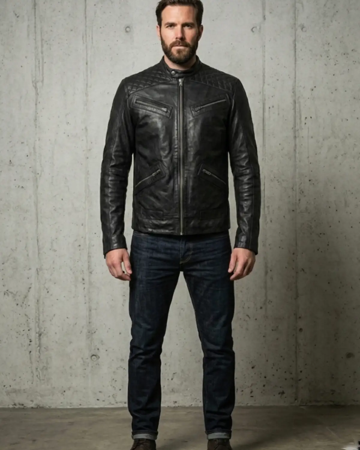 Men's Leather Washed Vintage Biker Studded Jacket