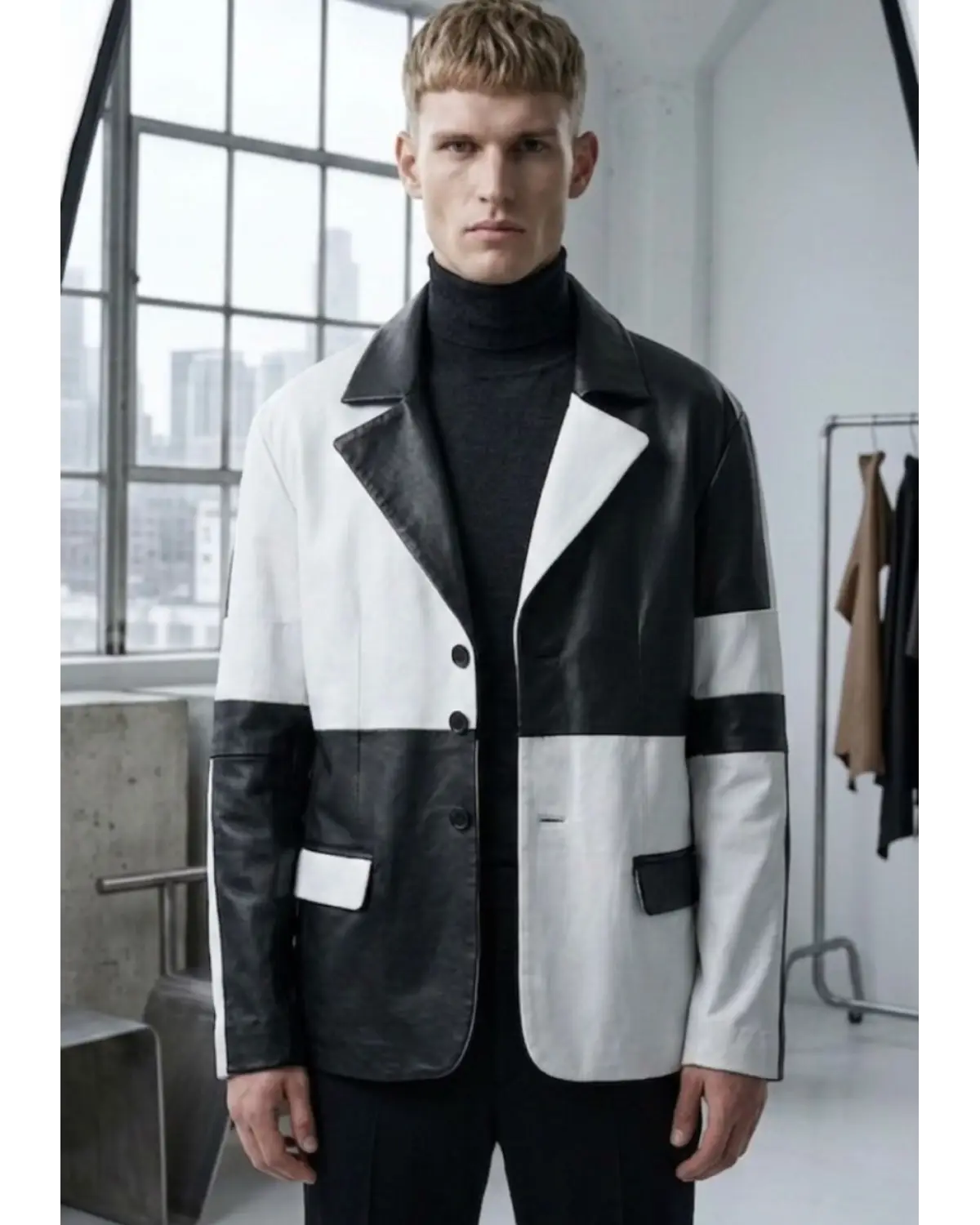 Mens Best Seller Black White Combo leather blazer