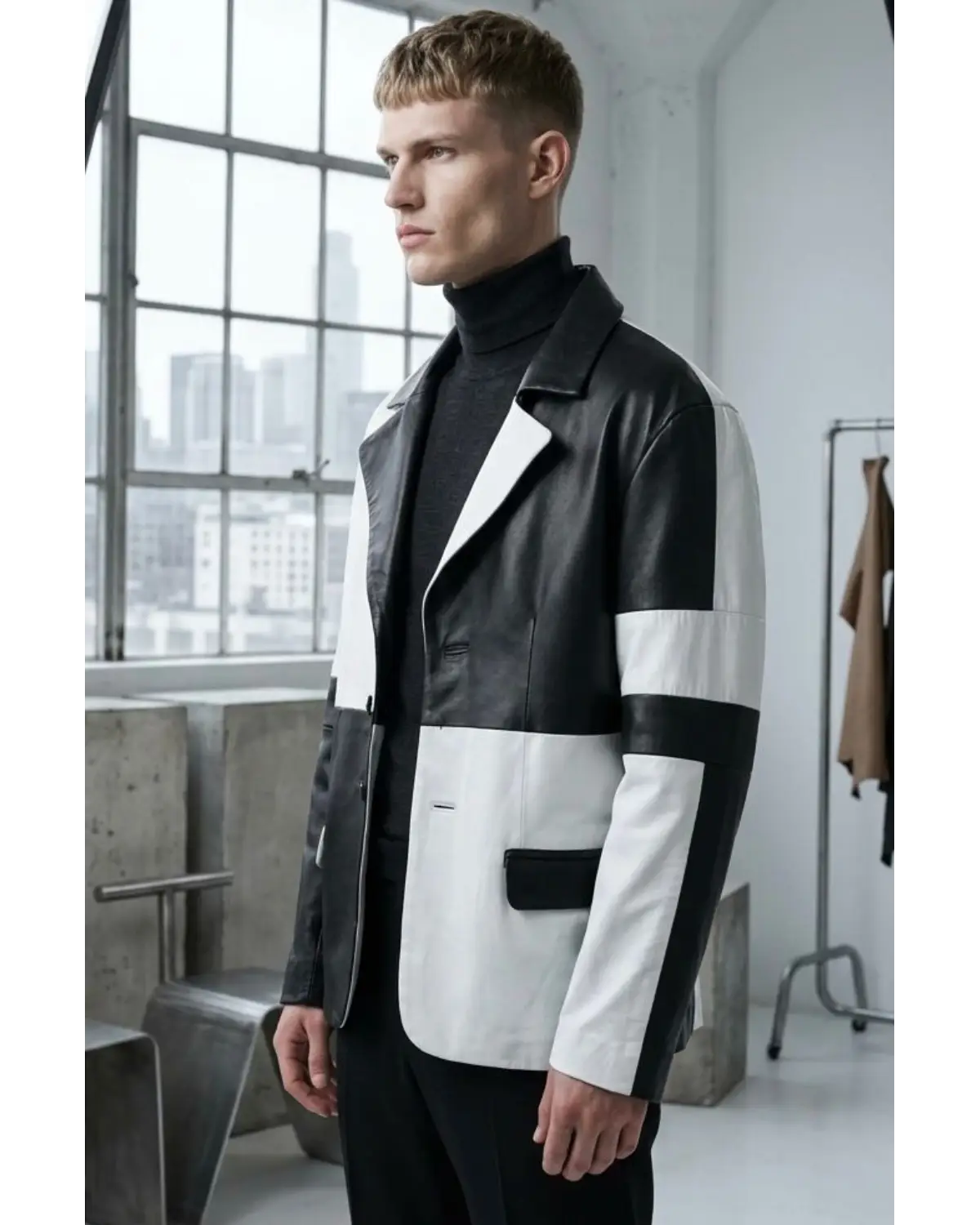 Mens Best Seller Black White Combo leather blazer