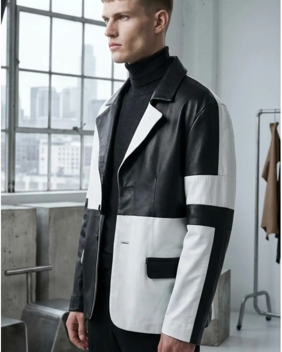 Mens Best Seller Black White Combo leather blazer