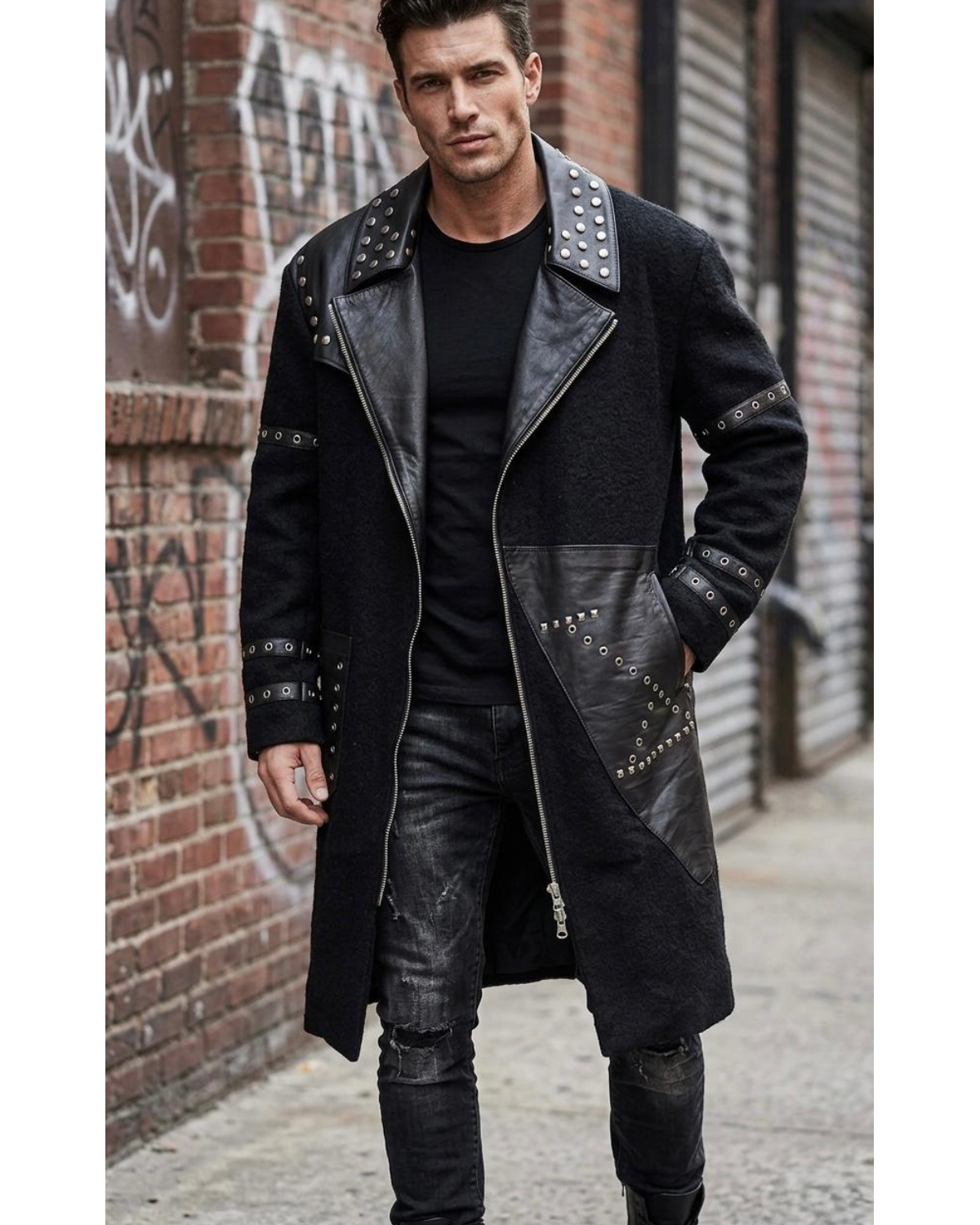 Men's Black Gothic Leather & Wool Trench Coat