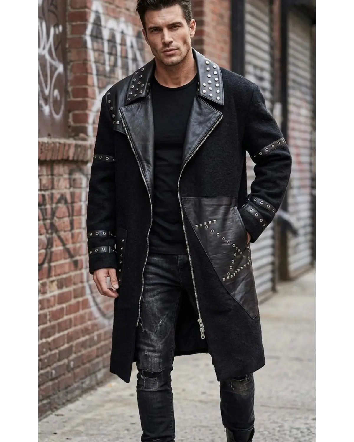 Men's Black Gothic Leather & Wool Trench Coat