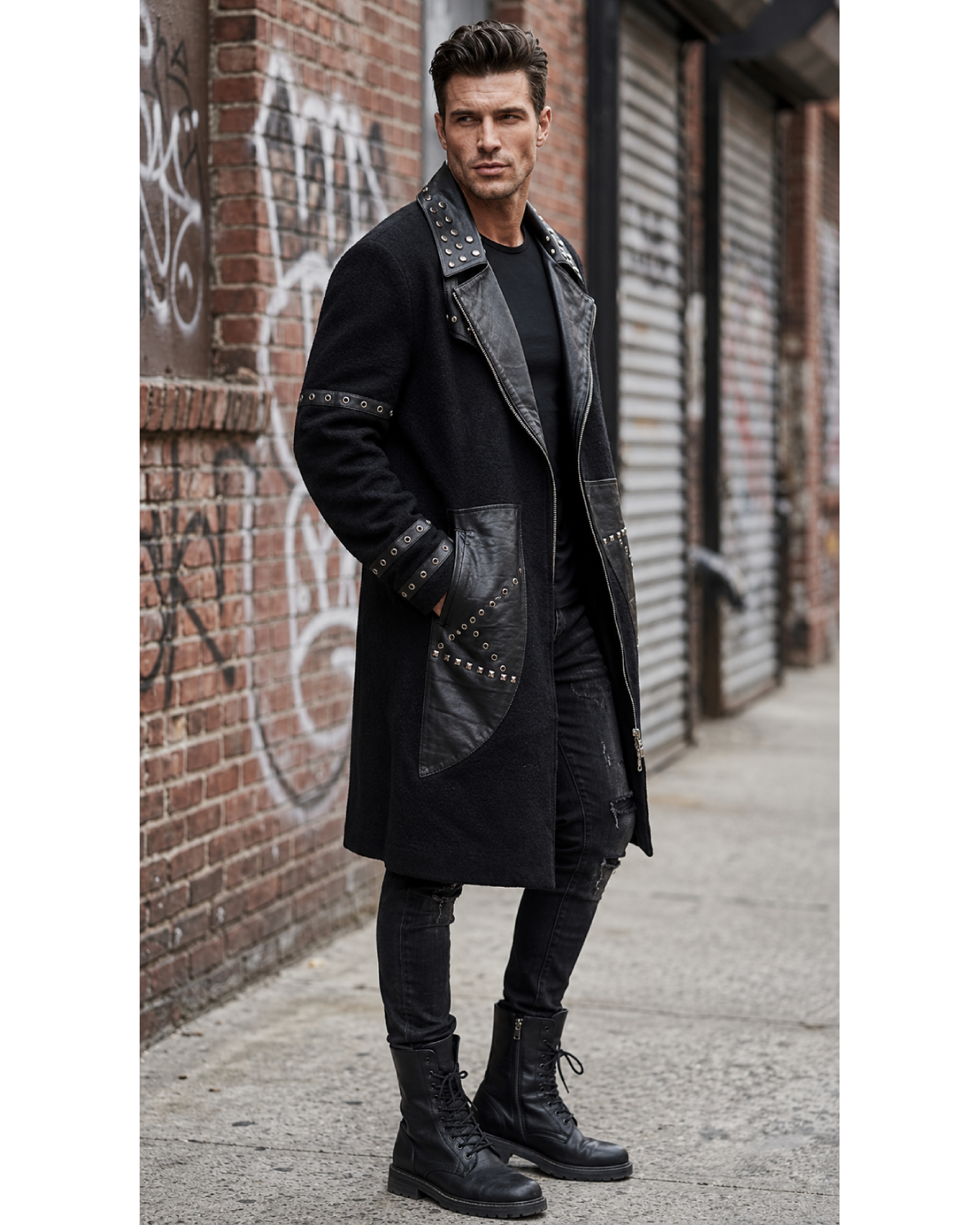 Men's Black Gothic Leather & Wool Trench Coat