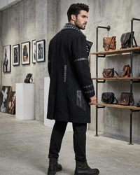 Men's Black Gothic Leather & Wool Trench Coat