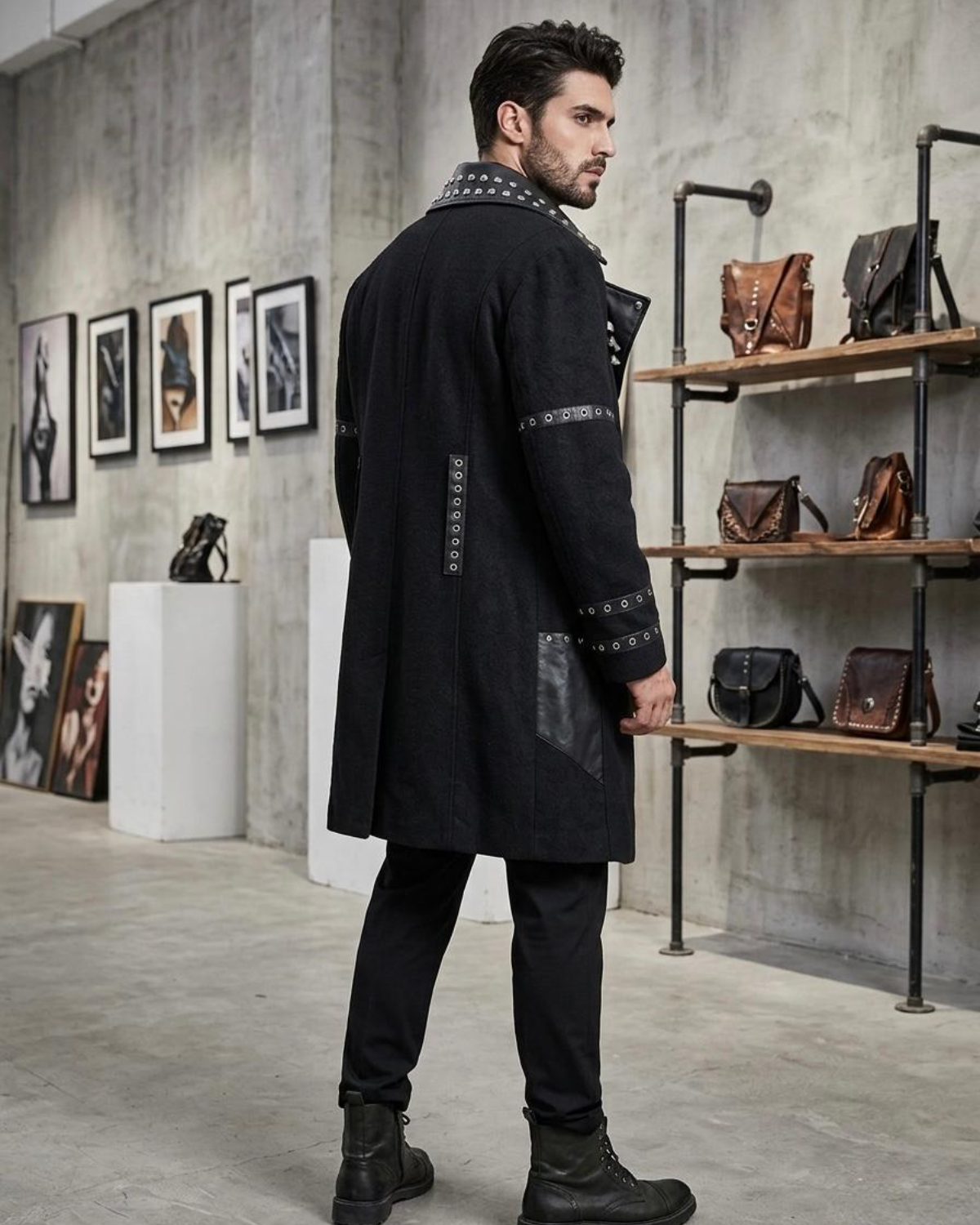 Men's Black Gothic Leather & Wool Trench Coat