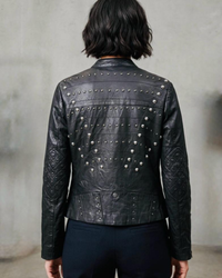 Women's Black Leather Biker Jacket with Textured Yoke and Zip Front