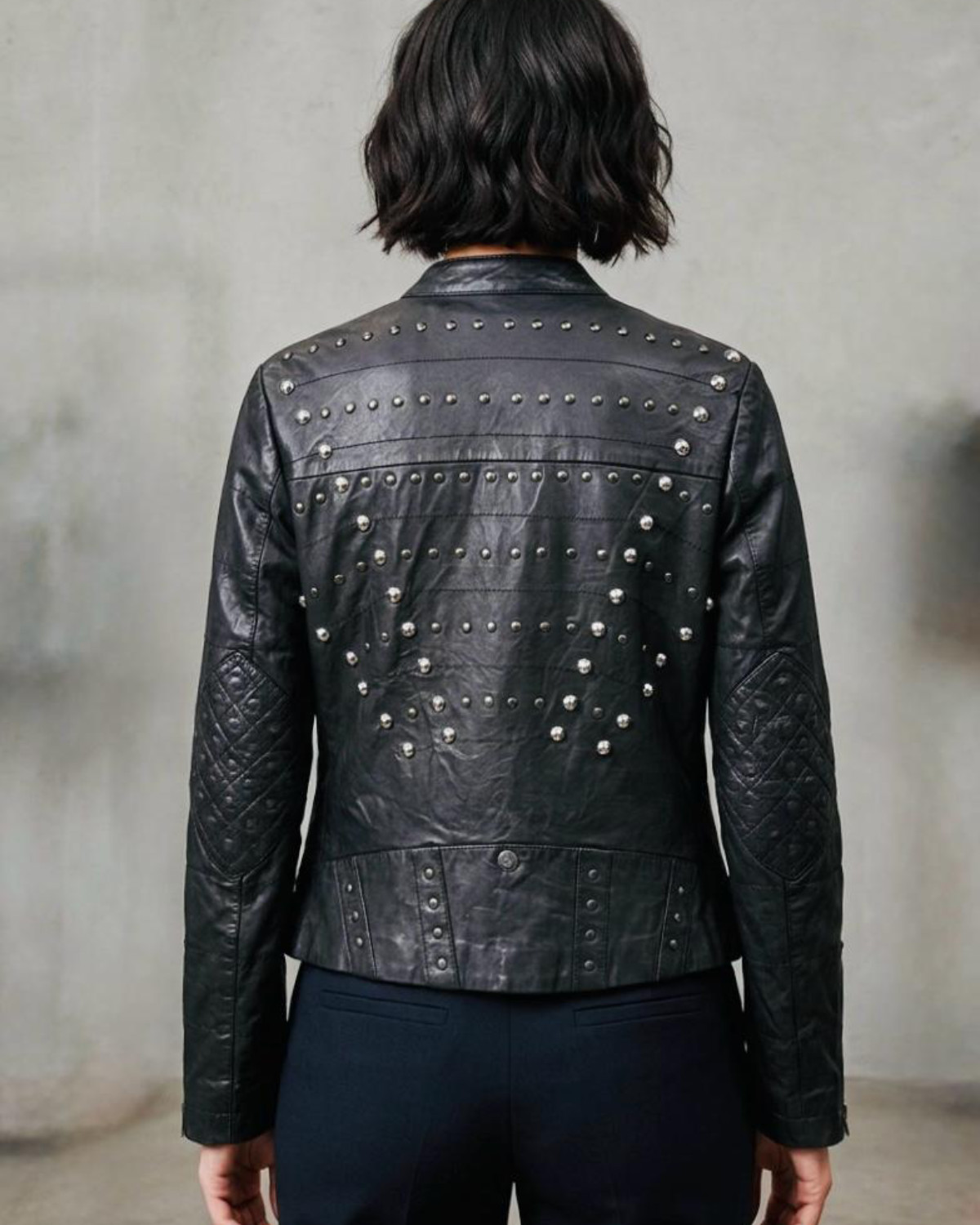 Women's Black Leather Biker Jacket with Textured Yoke and Zip Front