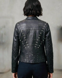 Women's Black Leather Biker Jacket with Textured Yoke and Zip Front