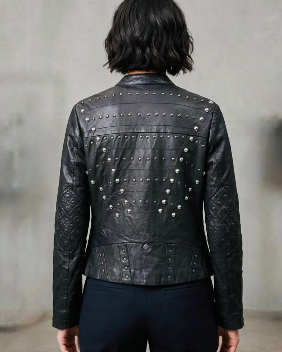 Women's Black Leather Biker Jacket with Textured Yoke and Zip Front