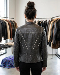 Women's Black Leather Biker Jacket with Textured Yoke and Zip Front