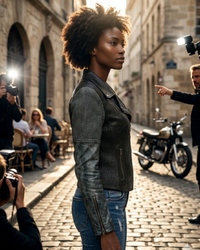 Women Washed Corded Biker Lamb Leather Jacket