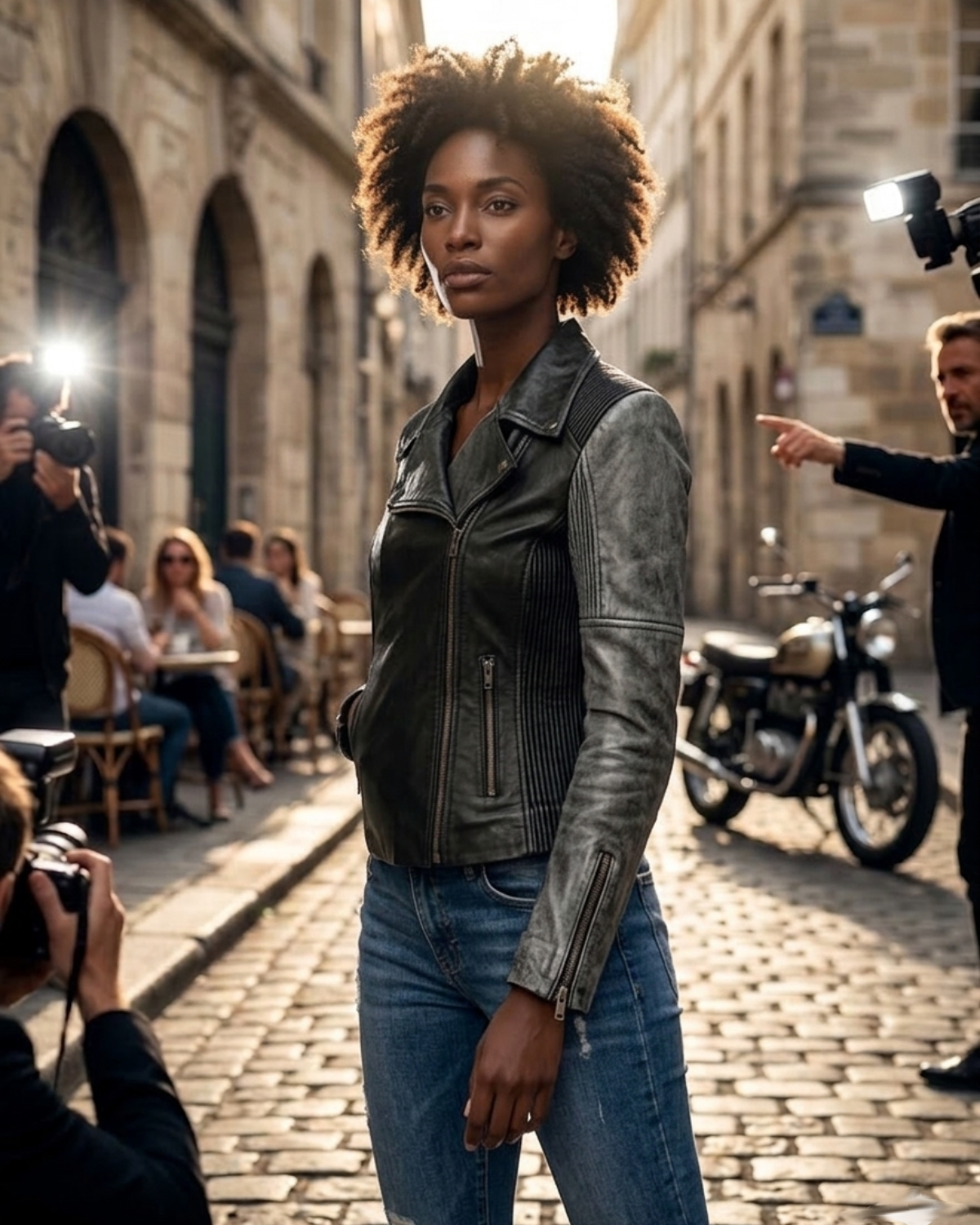 Women Washed Corded Biker Lamb Leather Jacket