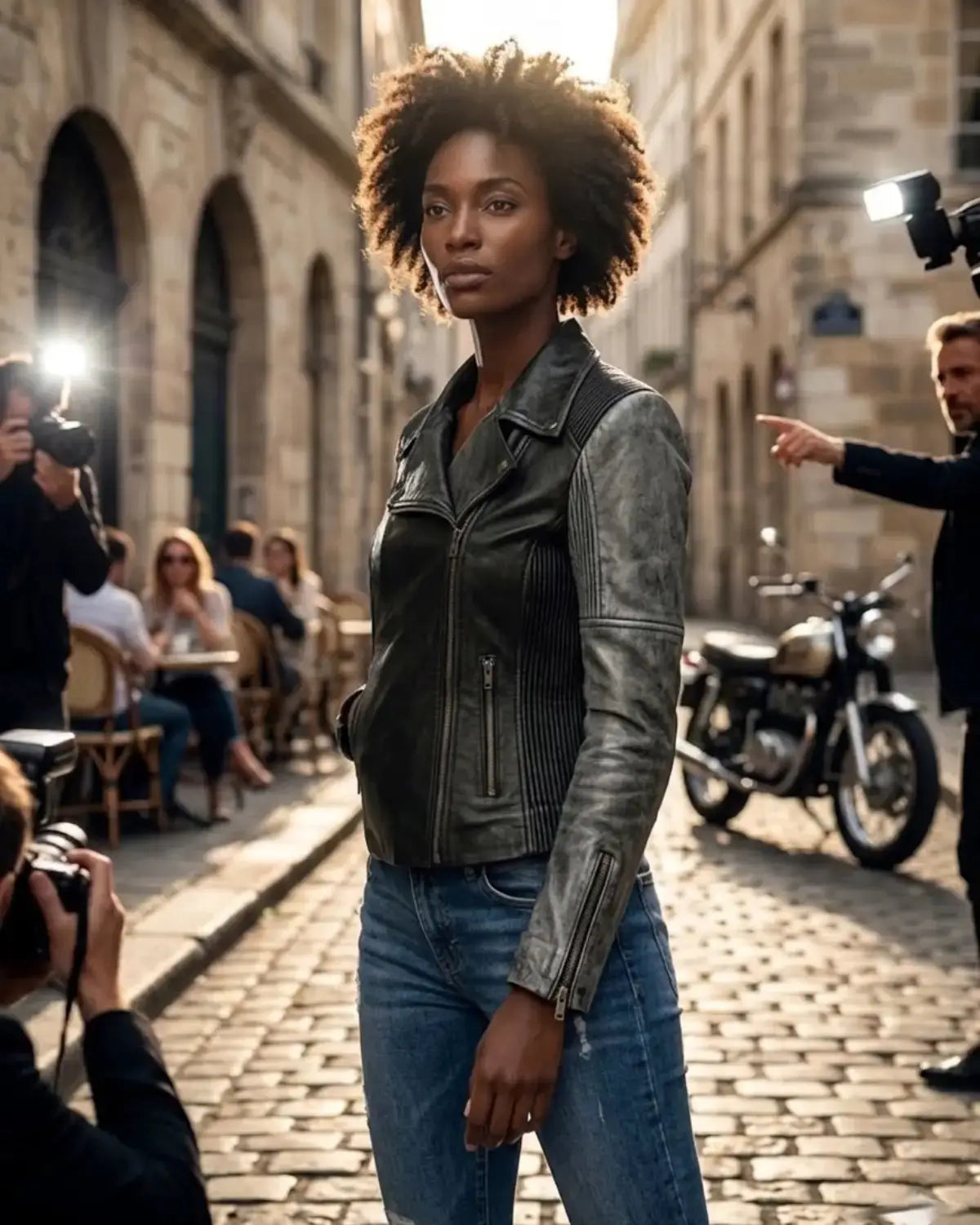 Women Washed Corded Biker Lamb Leather Jacket