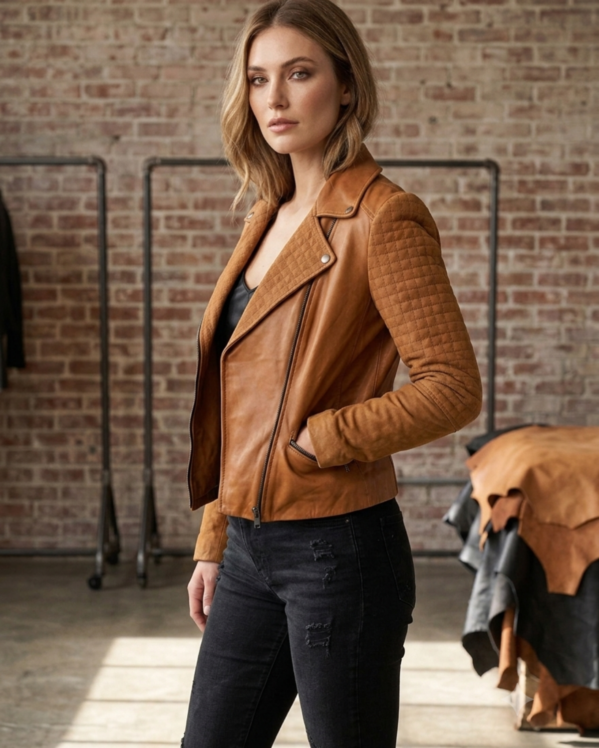 Women Leather Biker Jacket with Two Tone Oil Pull up and Suede Leather